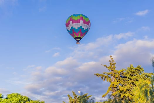 An aerial view of hot air balloons above the Teotihuacan pyramid. Adventure travel, cultural heritage, and aerial exploration concept.