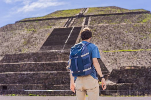 Male tourist exploring Teotihuacan, Mexico. Cultural heritage, ancient ruins, and archaeological adventure concept.