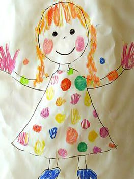 Colorful child's drawing of happy girl in polka dot dress, hands raised in joy, radiating playfulness and creativity on white background. Cheerful representation of happy childhood through art