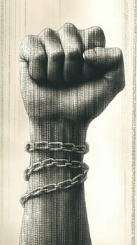 Powerful fist, adorned with intricate patterns, is breaking free from heavy chains, symbolizing the struggle for freedom and equality