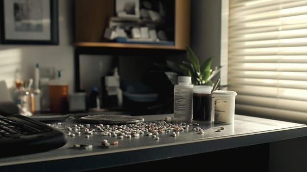 Pills are spilled across a desk with pill bottles and other medical supplies, suggesting overworking and possible addiction