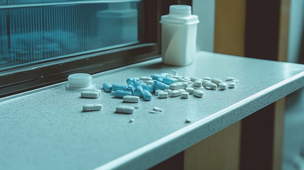 Blue and white prescription pills are spilling from an open bottle onto a table, creating a sense of unease and concern. The cool, clinical lighting adds to the unsettling atmosphere
