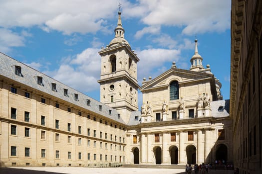 Facade of the Basilica of the Royal Monastery of San Lorenzo del Escorial. Community of Madrid, Spain