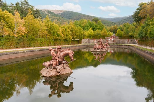 Gardens of the royal palace of La Granja de San Ildefonso, in Spain, on a summer day
