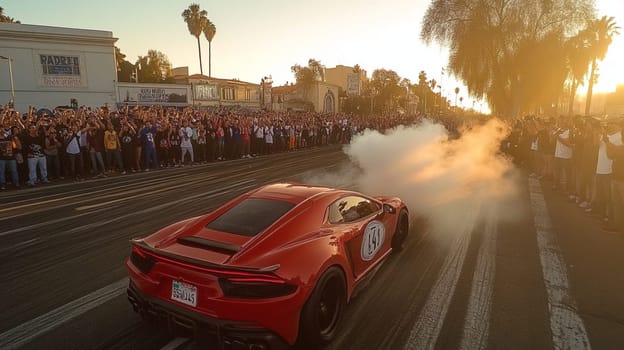 Powerful sports cars race through city streets at sunset, leaving a trail of smoke, thrilling spectators with high speed action