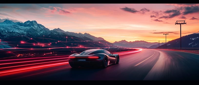 Futuristic autonomous car is speeding on a highway in the mountains with motion blur light trails behind it at sunset