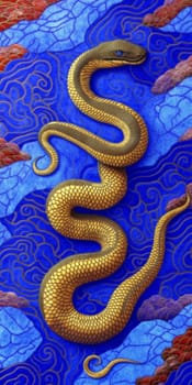 Golden snake illustration slithering on a blue background with red accents. Perfect for projects related to wildlife, nature, and asian culture