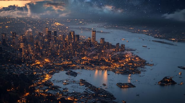 Seattle's city lights glow at night, illuminating the skyline while the milky way shines above. Aerial view captures skyscrapers reflecting in puget sound