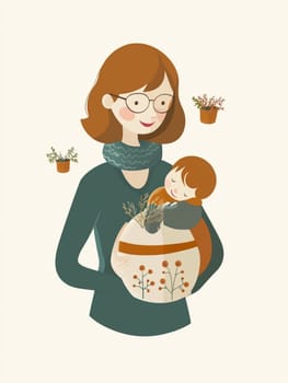 Smiling mother holds her sleeping baby and an easter egg, surrounded by lush plants, radiating warmth and love