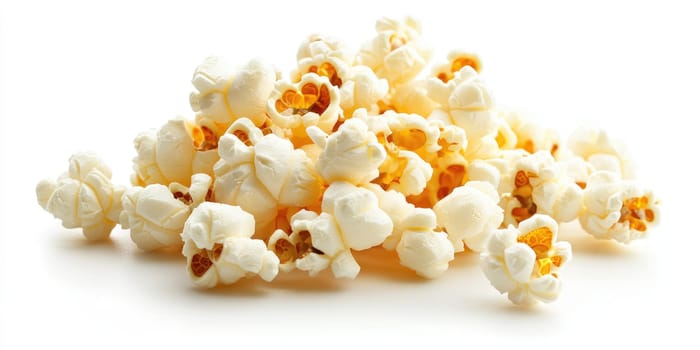 Isolated popcorn kernels on white background for snack and movie night themes.