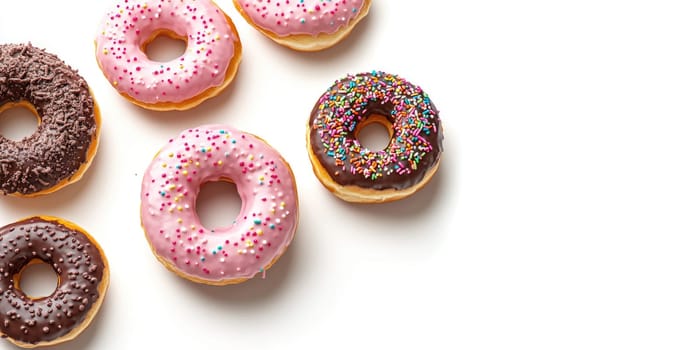 Colorful donuts on white background for dessert inspiration and design.