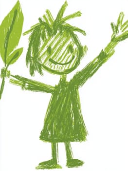 Simple, green crayon drawing of a smiling child holding a leaf and waving, symbolizing environmental awareness and the importance of eco friendly practices