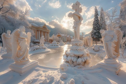 A beautifully picturesque winter scene showcases enchanting snowcovered statues in a tranquil garden setting