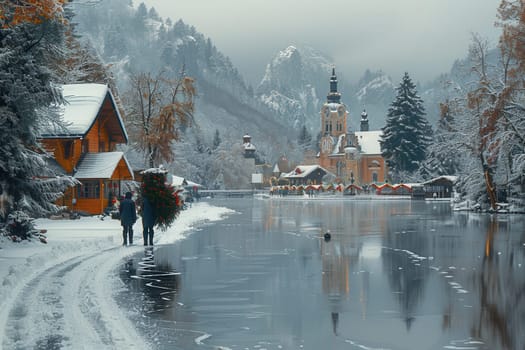 A beautifully picturesque winter scene showcasing a serene river, majestic snowy mountains, and a quaint village