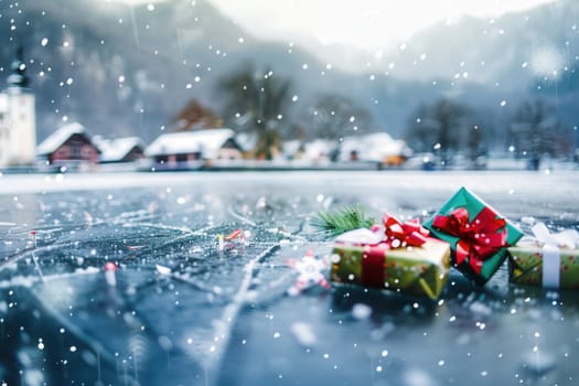 A beautifully serene winter scene is depicted, showcasing wrapped Christmas gifts scattered across a snowy landscape
