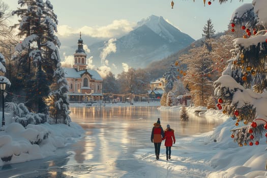 A breathtaking and picturesque winter scene showcasing snowcovered trees, majestic mountains, and a tranquil lake