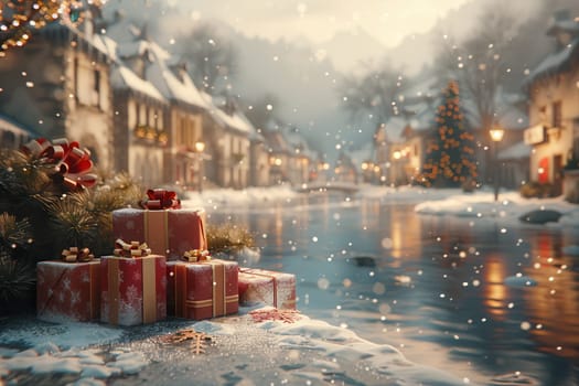 A charming winter scene with wrapped Christmas gifts, snowy streets, and festive decorations everywhere