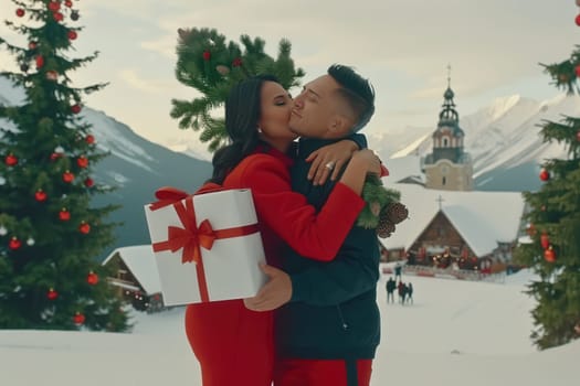 A couple embraces in fresh snow, joyfully sharing a gift amidst beautifully decorated Christmas trees