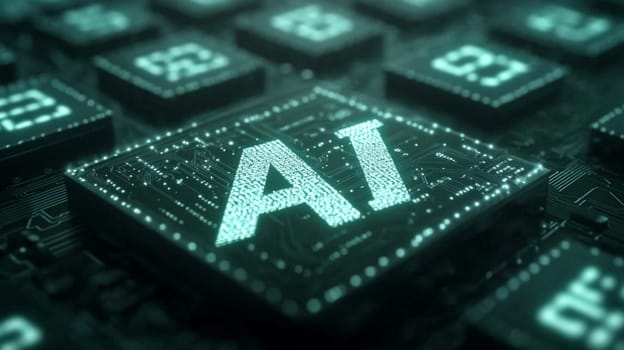 Artificial intelligence ai processor chip glowing on a circuit board, representing the future of technology and computing