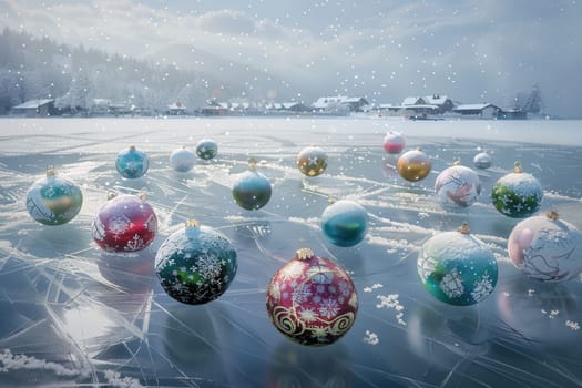 A serene and picturesque winter scene that features vibrant and colorful Christmas ornaments on a frozen lake