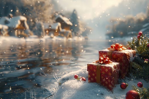 A winter scene shows wrapped gifts at a serene lakeside, radiating warmth and festive holiday cheer