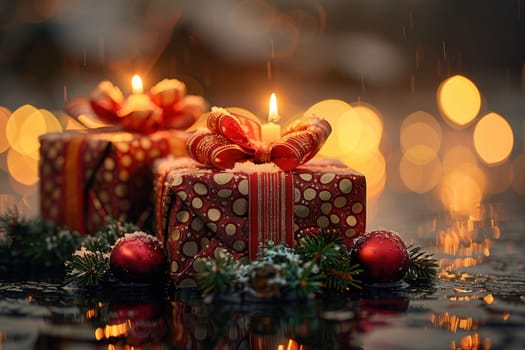 Beautifully wrapped Christmas gifts surrounded by glowing candles in a festive setting, ideal for holiday themes
