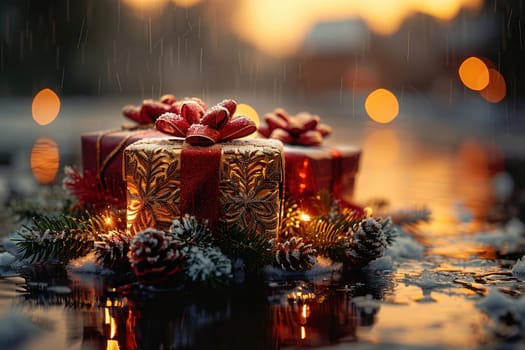 Charming Christmas presents adorned beautifully with sparkling lights and natural elements in a lovely festive setting