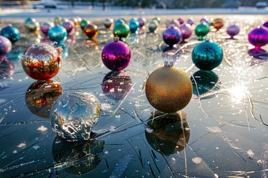 Colorful Christmas baubles reflect light on a glossy icy surface, creating a joyful festive winter scene