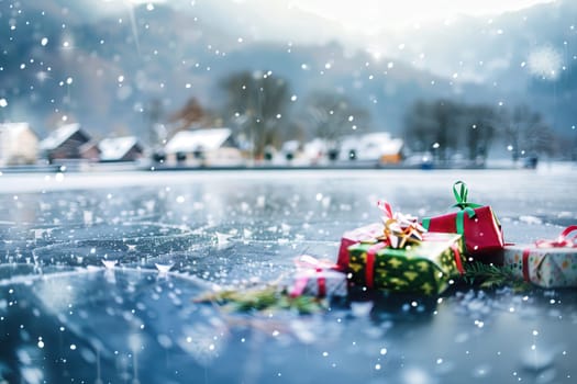 Colorful Christmas gifts scattered on the ice, set against a serene winter landscape with gentle snowfall