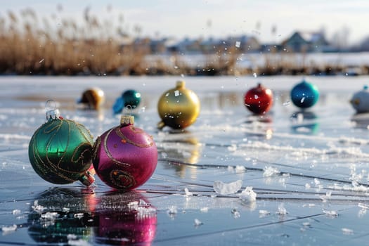 Colorful Christmas ornaments are on a frozen lake, surrounded by snowflakes in a peaceful winter landscape