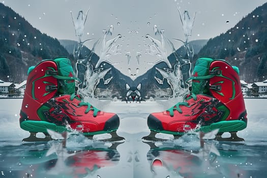 Dynamic red and green sports shoes energetically splashing in icy cold water against a picturesque mountainous backdrop