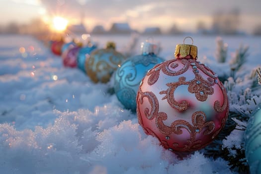 Glistening Christmas ornaments adorn trees, creating a delightful festive atmosphere in a snowy landscape
