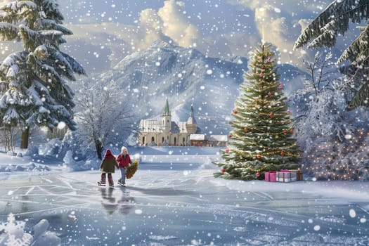 Imagine a winter landscape with joyful ice skating, a decorated Christmas tree, and majestic snowcovered mountains
