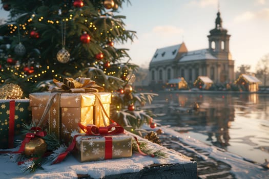 In a picturesque winter setting, theres a grandly decorated Christmas tree surrounded by beautifully wrapped gifts