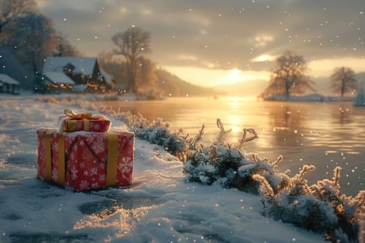 In a serene winter landscape, a beautifully wrapped gift is nestled in the snow beneath a glowing sunset sky