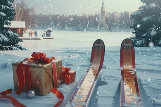 Ski gear and gifts are beautifully showcased in a charming snowy scene, perfect for winter sports and holidays