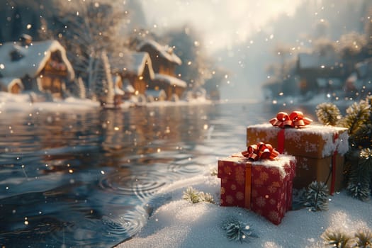 Take a moment to enjoy this picturesque winter landscape filled with festive gifts nestled by a tranquil river