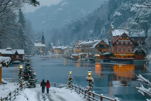 The charming winter scenery features a quaint, snowcovered village beautifully reflecting on a serene river