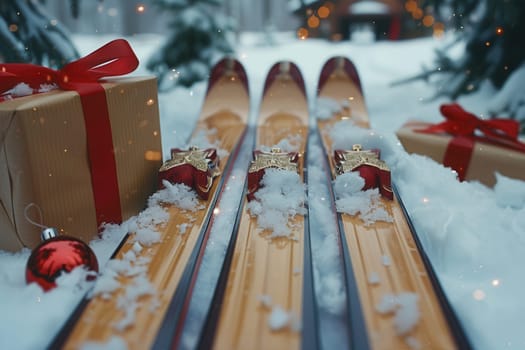 The cozy winter atmosphere comes alive with skis, fresh snow, and festive gifts that create a delightful holiday vibe