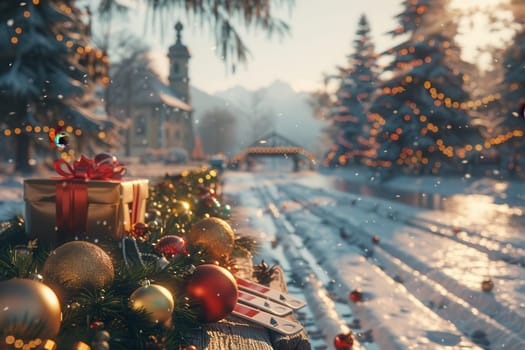 This snowy scene is beautifully adorned with festive lights and ornaments, perfect for holiday celebrations