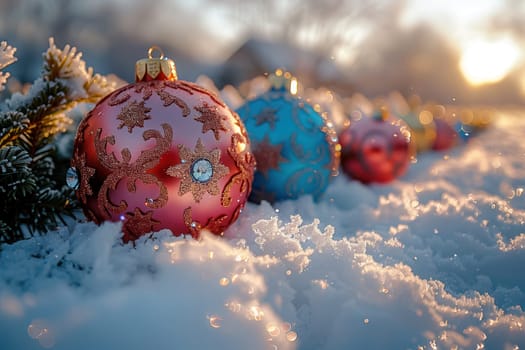 Vibrant Christmas ornaments are displayed on a snowy ground, capturing the joyful festive spirit of winter beautifully
