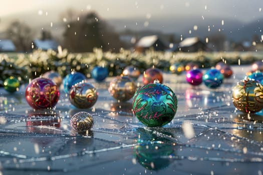Vibrant festive ornaments scattered on a snowy surface, capturing the essence of winter celebrations.