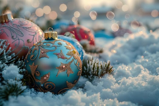 Vibrant holiday ornaments resting gently in soft, fresh snow, beautifully capturing the essence of Christmas cheer