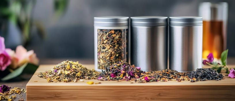 A selection of loose leaf tea varieties displayed with metal tins on a wooden surface, ideal for tea enthusiasts.
