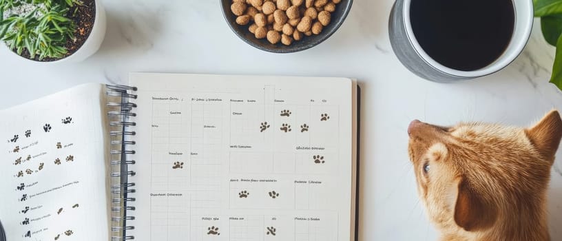 Open planner with paw prints, a curious cat, and a cup of coffee, creating a cozy pet themed workspace..