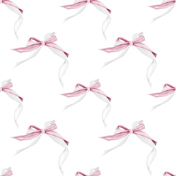 Watercolor bows pattern. Hand drawn elegant tied ribbons on isolated white background. Ornament for printing on baby textiles and packaging. For little princesses. High quality illustration