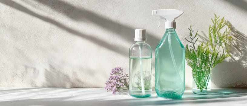 Eco friendly cleaning bottles with plants, casting shadows on a textured background, providing ideal copy space.