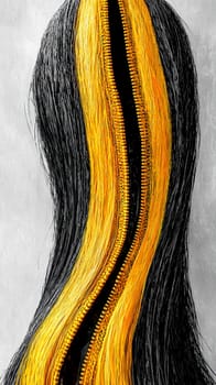 Capturing duality with black and yellow hair forming a zipper, symbolizing inner complexities and contrasting truths. Background adds depth to unique self expression concept