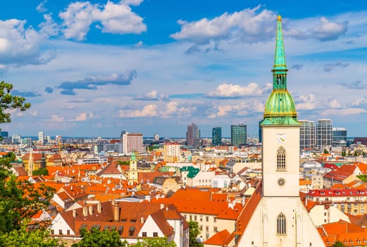 View of St. Martin's Cathedral and cityscape of Bratislava, Slovakia.