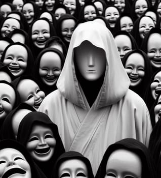 A man is standing in front of a crowd of people, all of whom are smiling. The man is wearing a hooded robe and a mask, and he is the center of attention. The scene is cheerful and lighthearted
